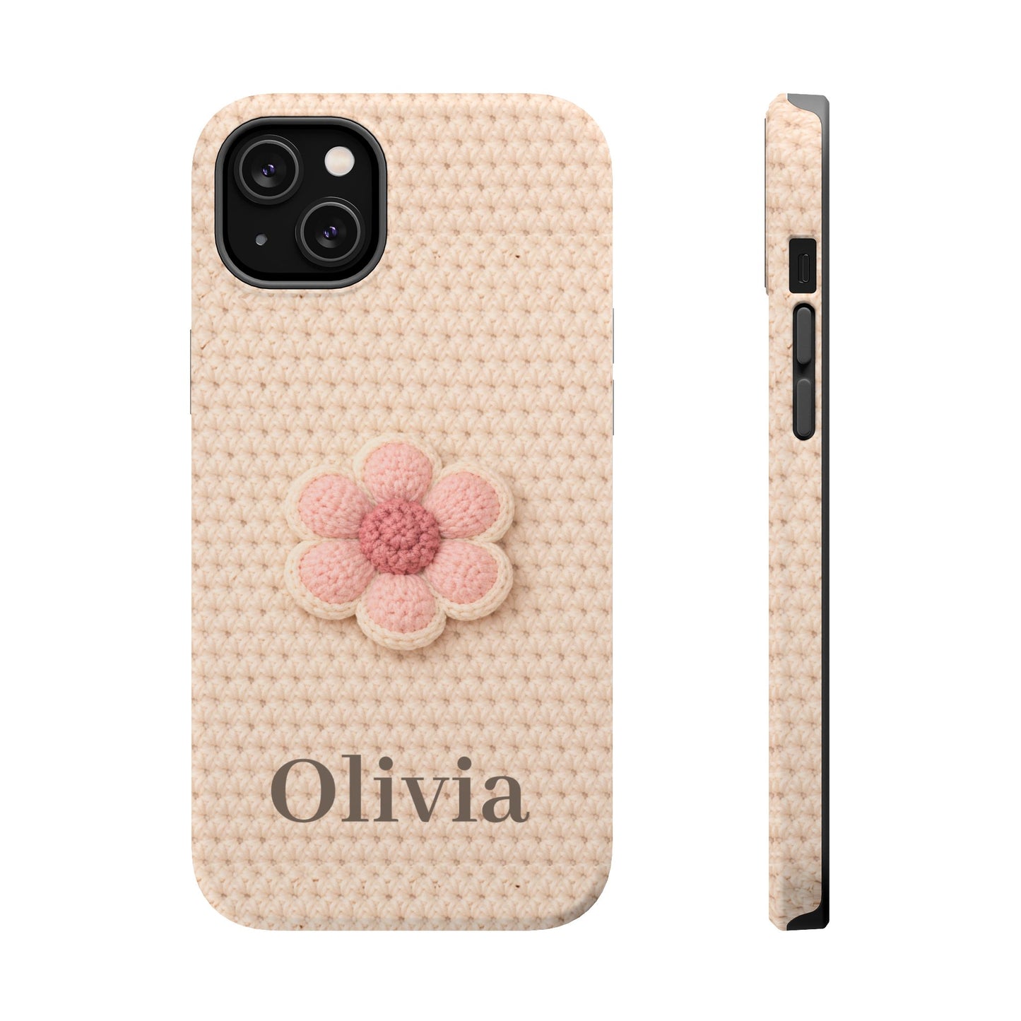 Phone case with a pink flower and 'Olivia' text on a textured beige background