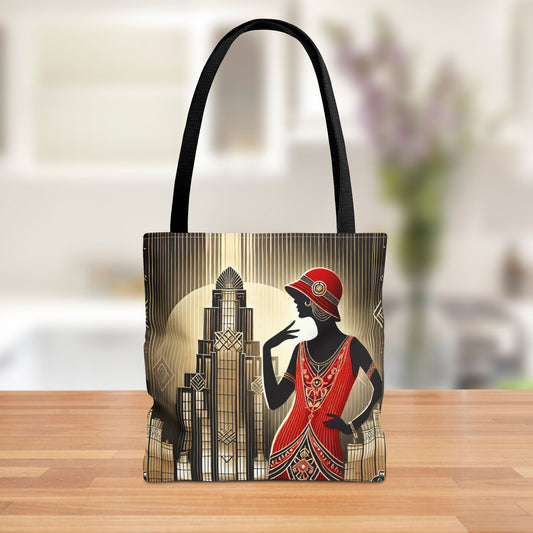 Front view of the Art Deco Lady Tote Bag featuring a flapper in a red dress with a glamorous golden cityscape design.
