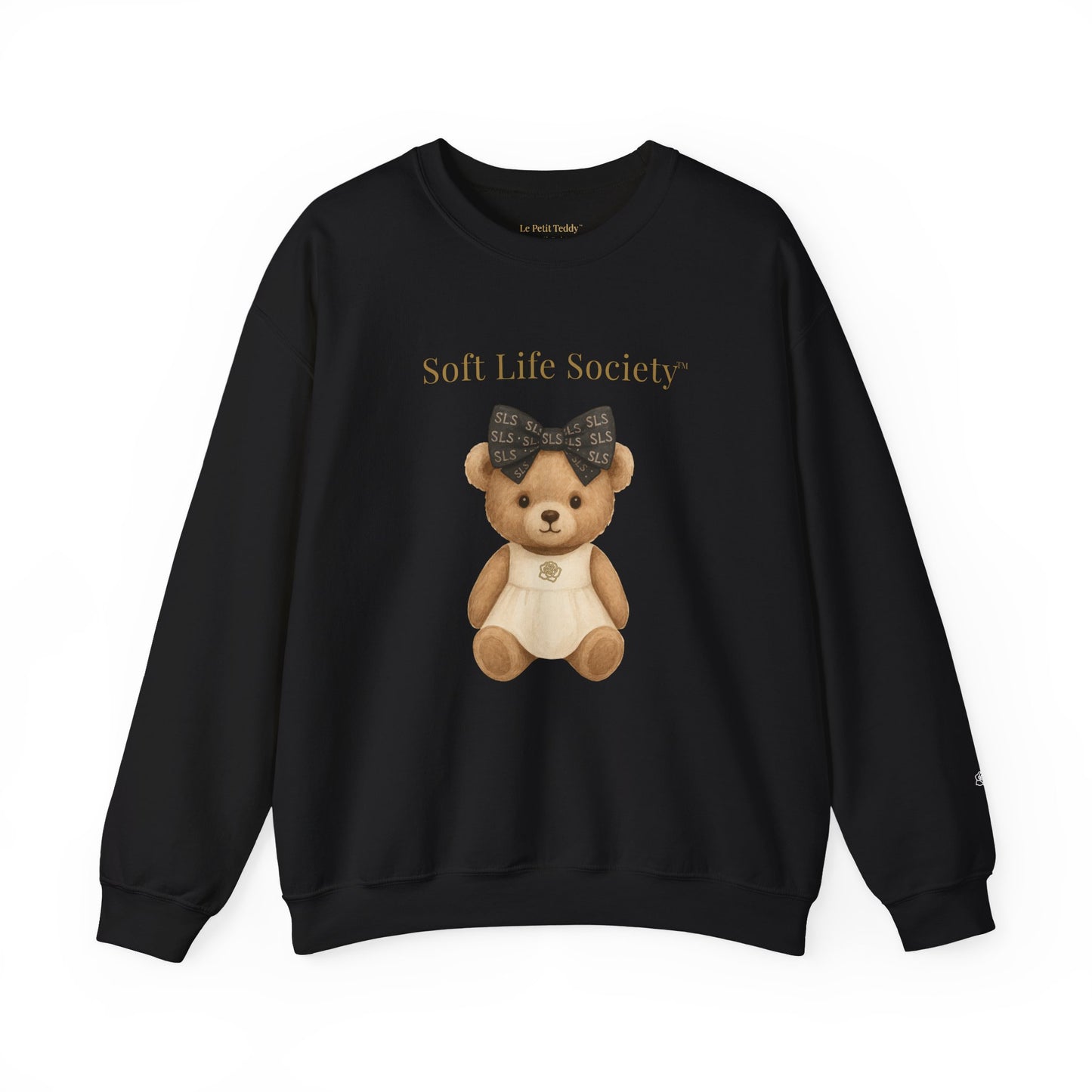 Black sweatshirt with a teddy bear graphic and 'Soft Life Society' text on a white background