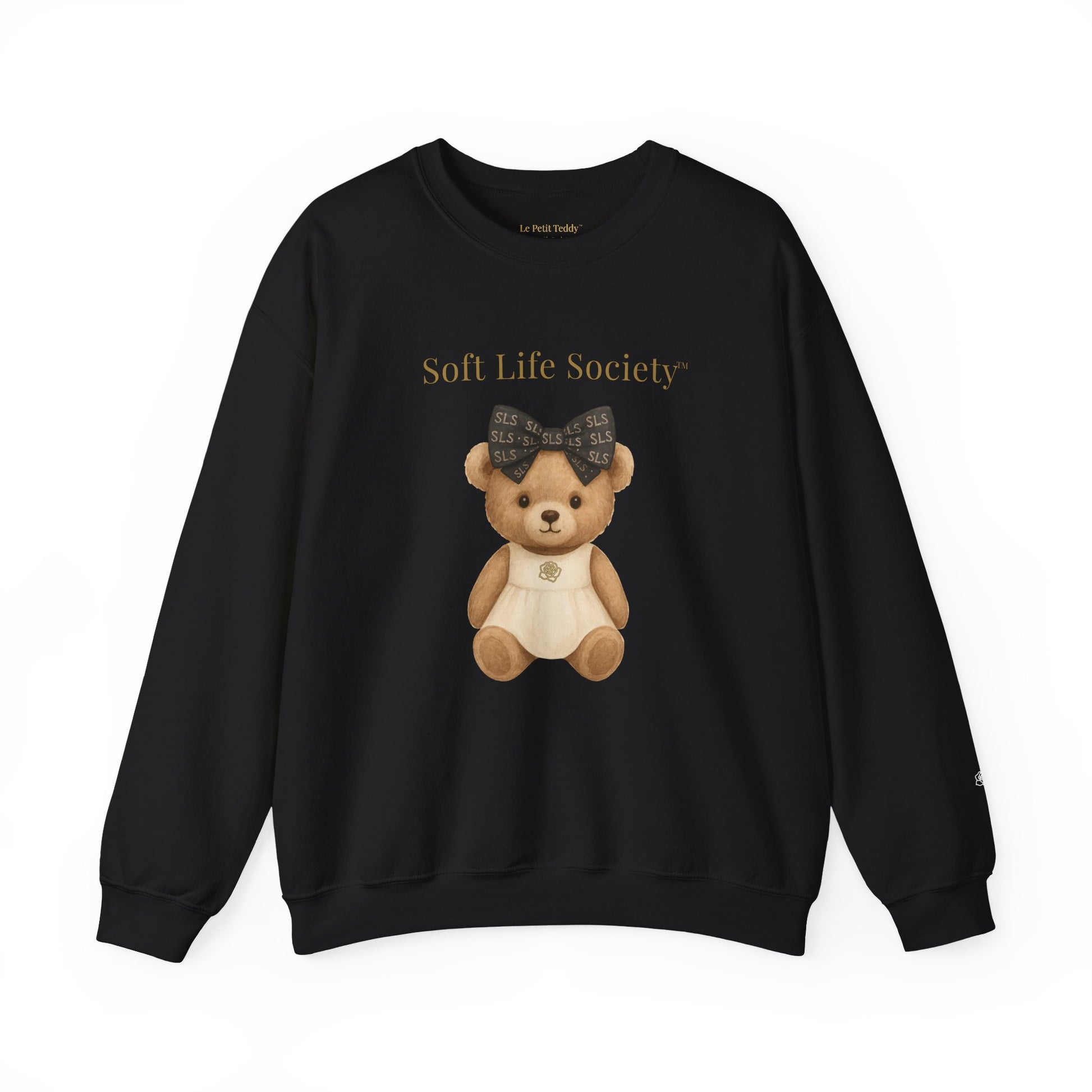 Black sweatshirt with a teddy bear graphic and 'Soft Life Society' text on a white background