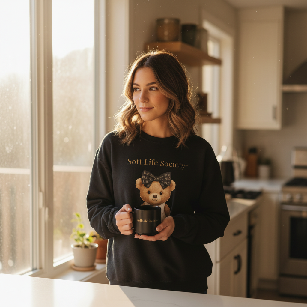 Woman holding a black Soft Life Society mug while wearing the Le Petit Teddy™ sweatshirt in a warm, sunlit kitchen, styled for a cozy morning coffee ritual.