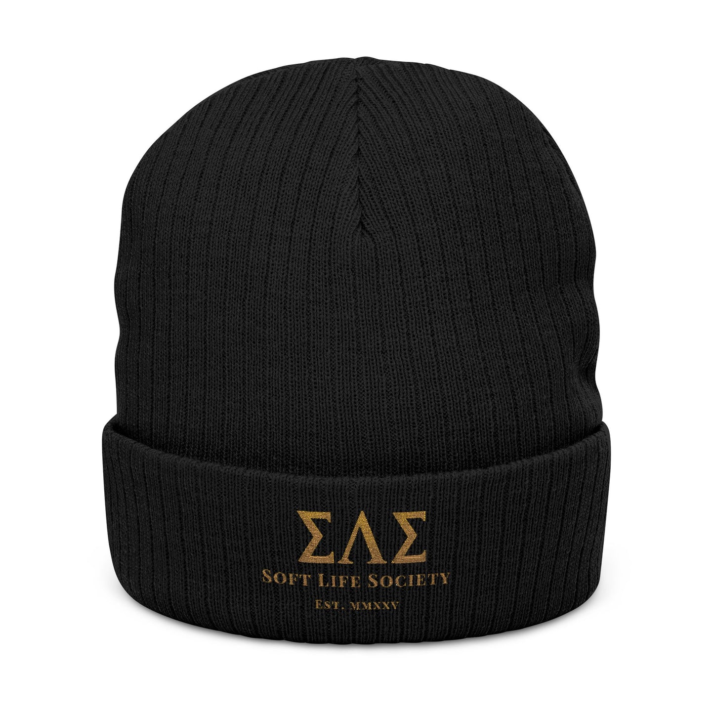 Black beanie with gold embroidery on a white background