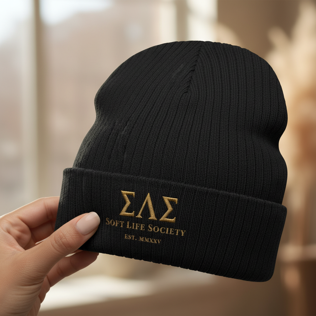 Soft Live Society Greek Letters Beanie - Embroidered Ribbed Knit Cuffed Hat