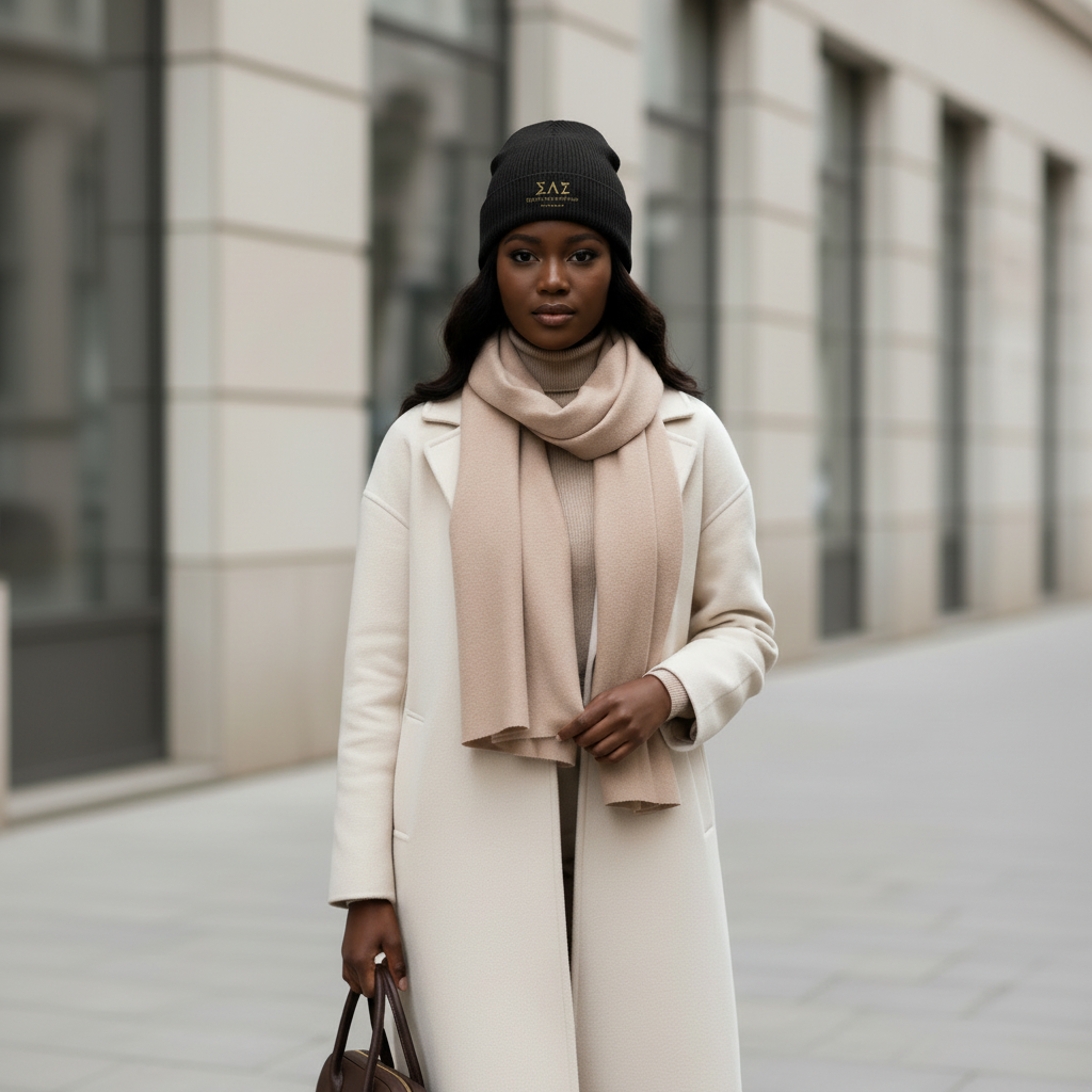 Woman in a white coat and beige scarf wearing Soft Life Society embroidered Greek Letter Beanie, standing on a sidewalk with a building in the background