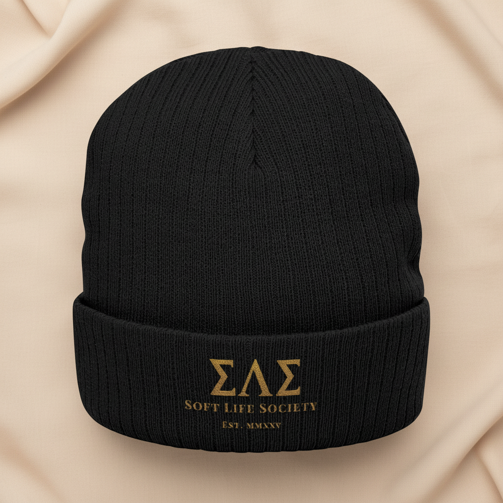 Soft Live Society Greek Letters Beanie - Embroidered Ribbed Knit Cuffed Hat