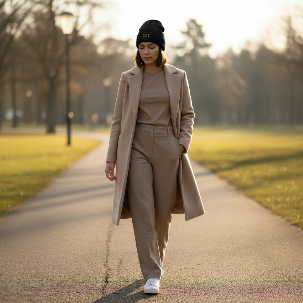 Woman wearing black embroidered Soft Life Society Greek Letter Beanie hat with a beige coat and pants walking on a path in a park.