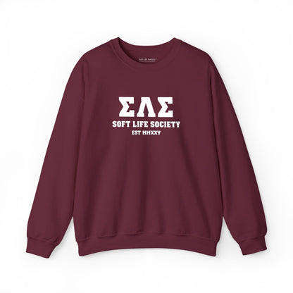 Maroon sweatshirt with 'Soft Life Society' text on a white background