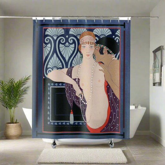 Les Trois Beautes de Mnasidika Shower Curtain featuring a vintage George Barbier fashion illustration in an Art Deco style