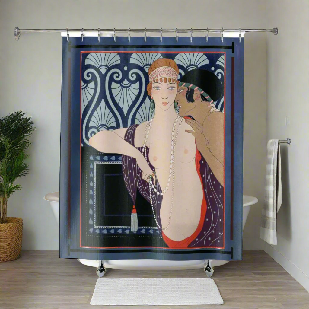 Les Trois Beautes de Mnasidika Shower Curtain featuring a vintage George Barbier fashion illustration in an Art Deco style