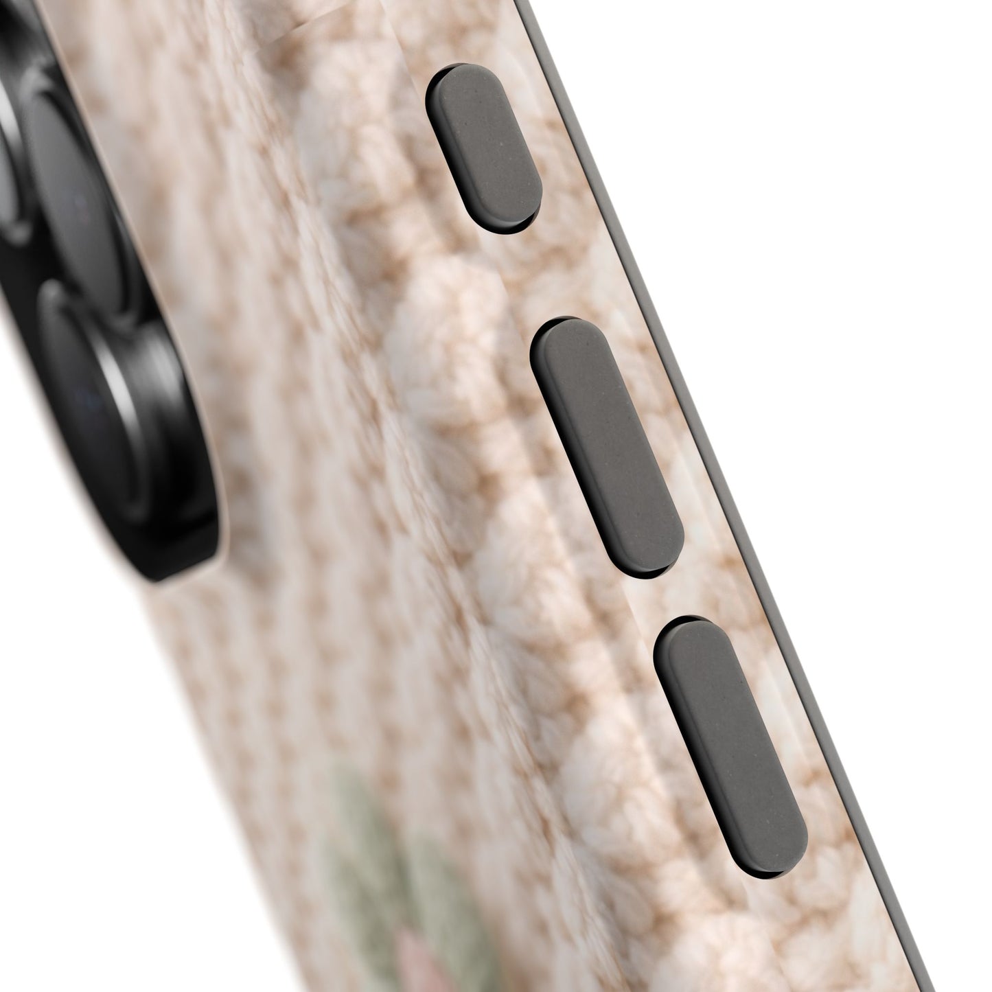 Close-up of a smartphone's side profile with buttons on a white background