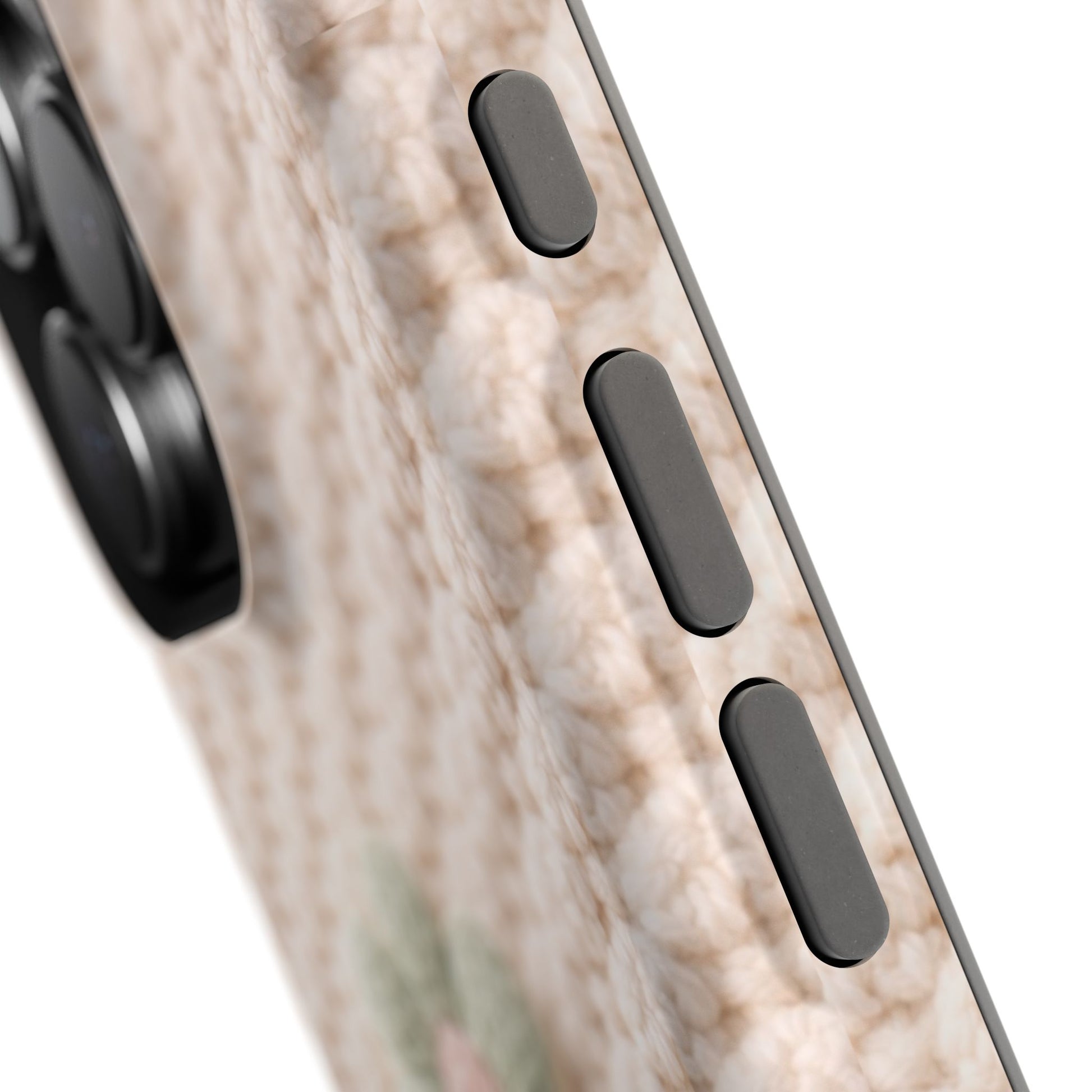 Close-up of a smartphone's side profile with buttons on a white background