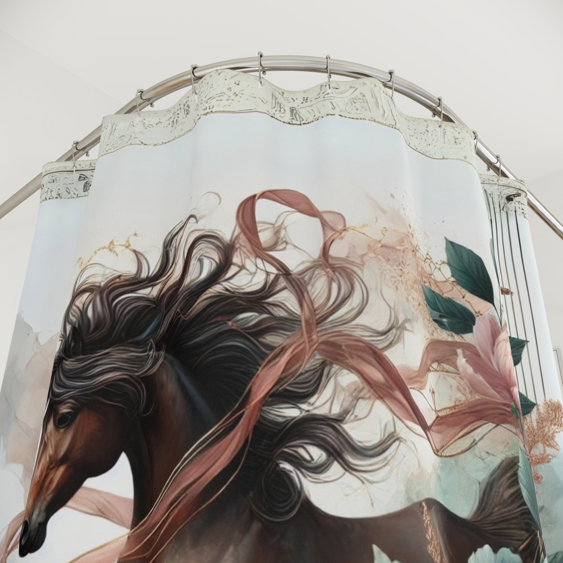 Detailed view of the horse's mane, soft flowers, and intricate watercolor textures.