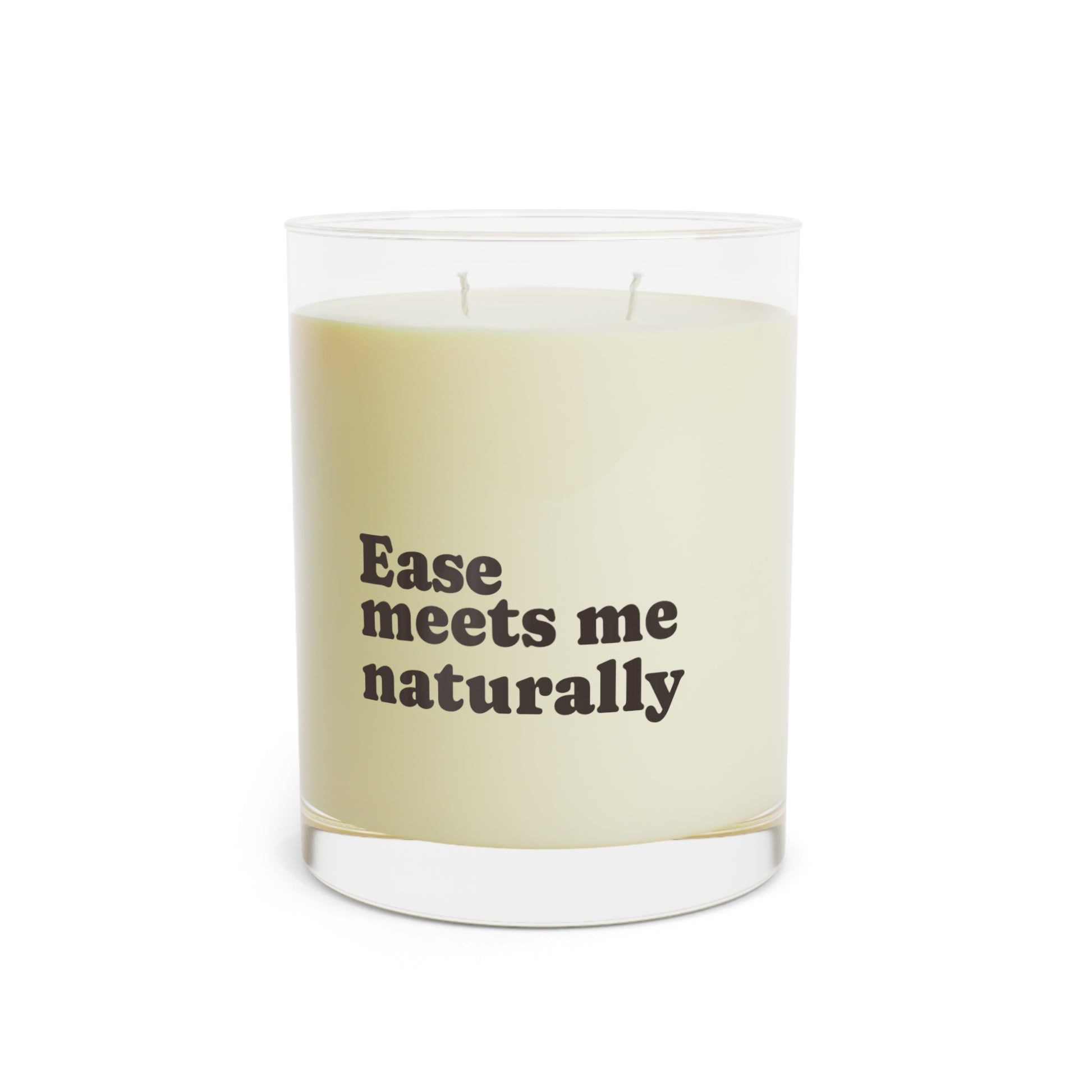 Candle with text 'Ease meets me naturally' on a white background