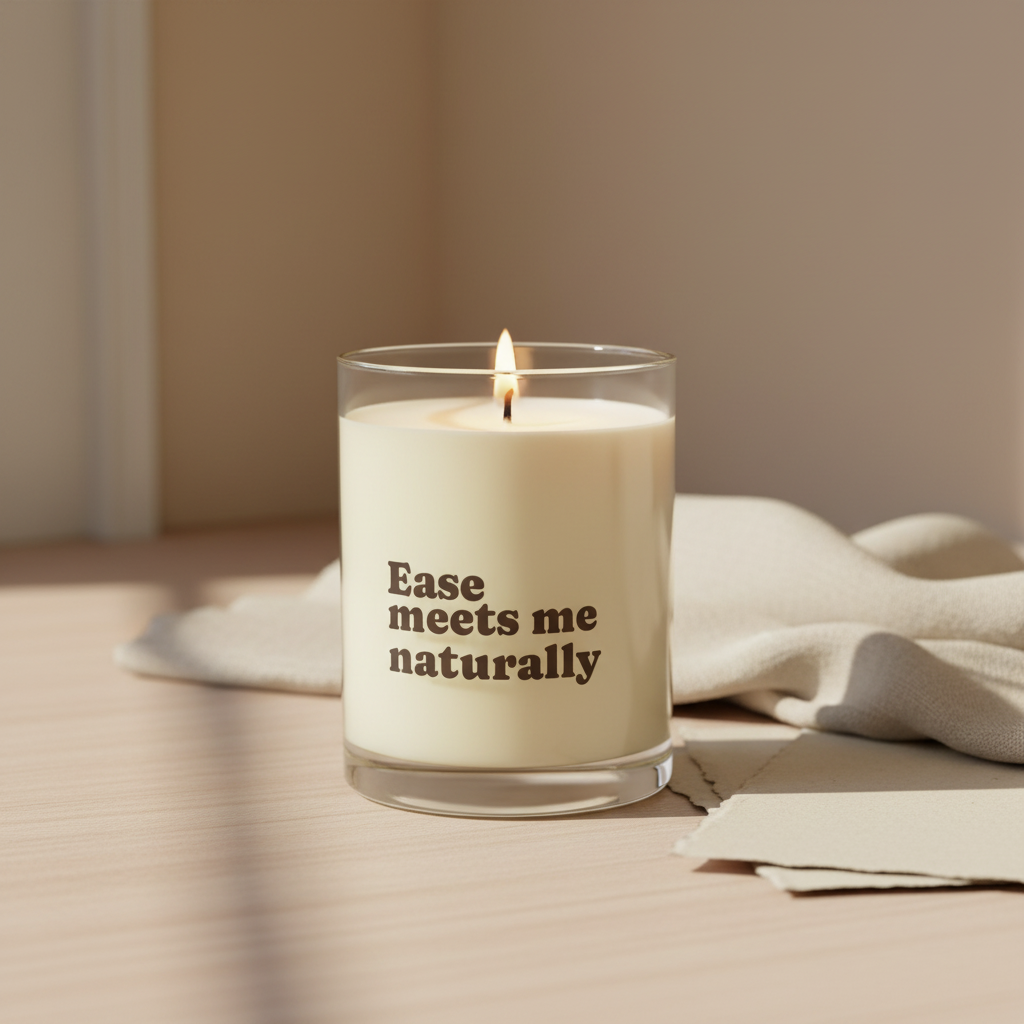 Soft Life Society Affirmation Candle in a glass jar with text 'Ease meets me naturally' on a neutral background
