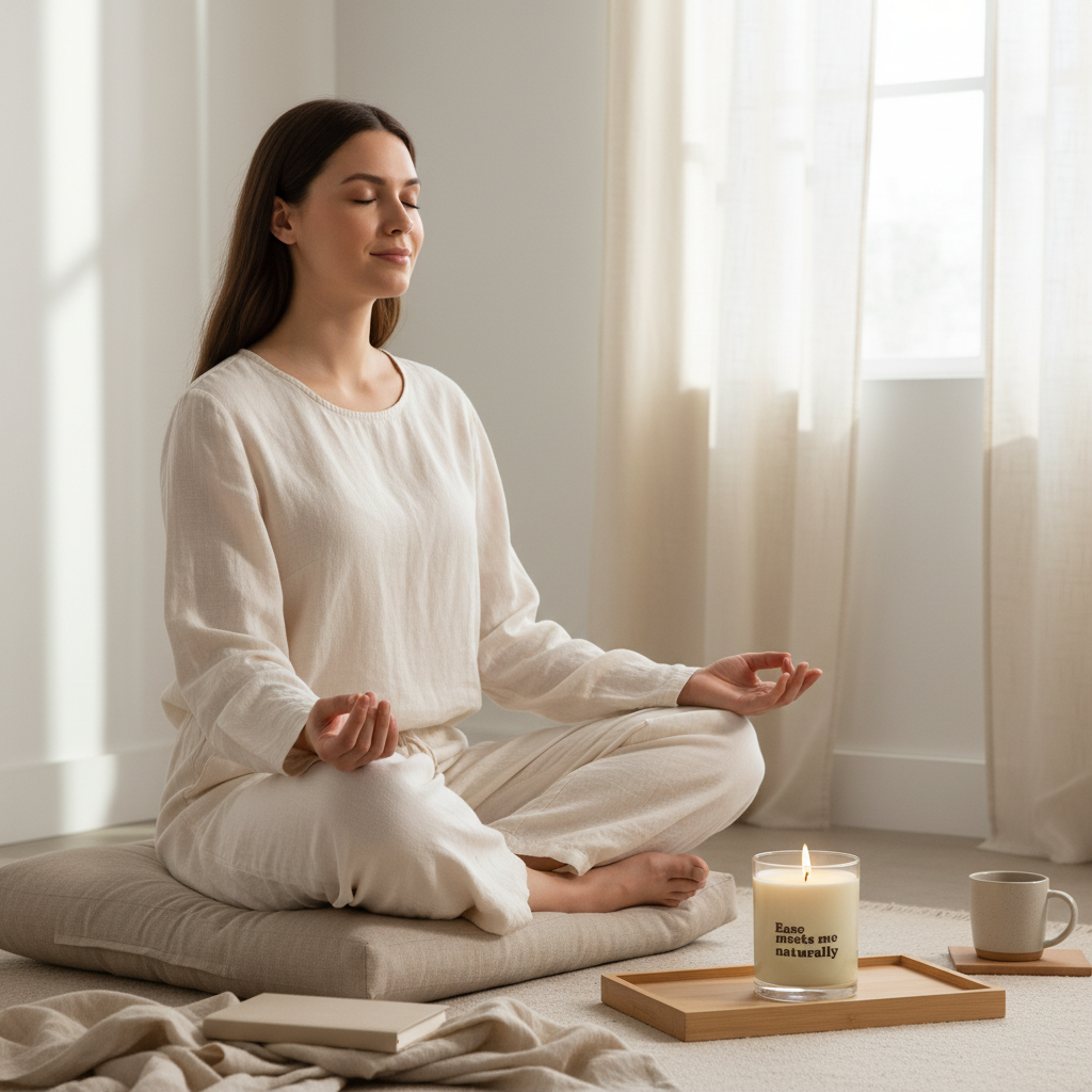 Woman meditating in a serene room with a Soft Life Society Affirmation candle and mug.