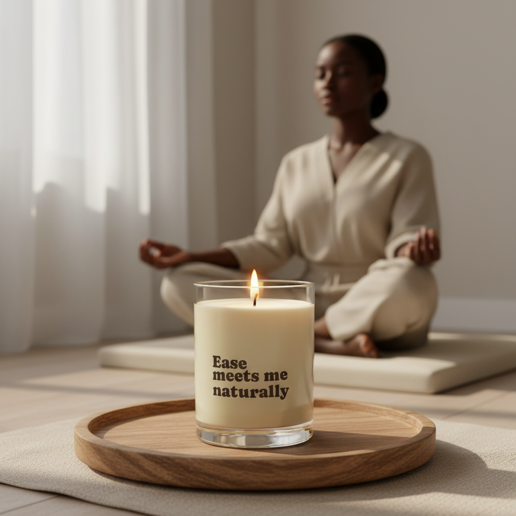 Woman meditating with a Soft Life Society Affirmation candle labeled 'Ease meets me naturally' on a wooden tray.