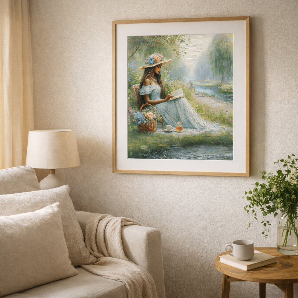 Framed painting of vintage soft life printable wall art showing painterly brush texture, floral hat details, and soft romantic color palette.