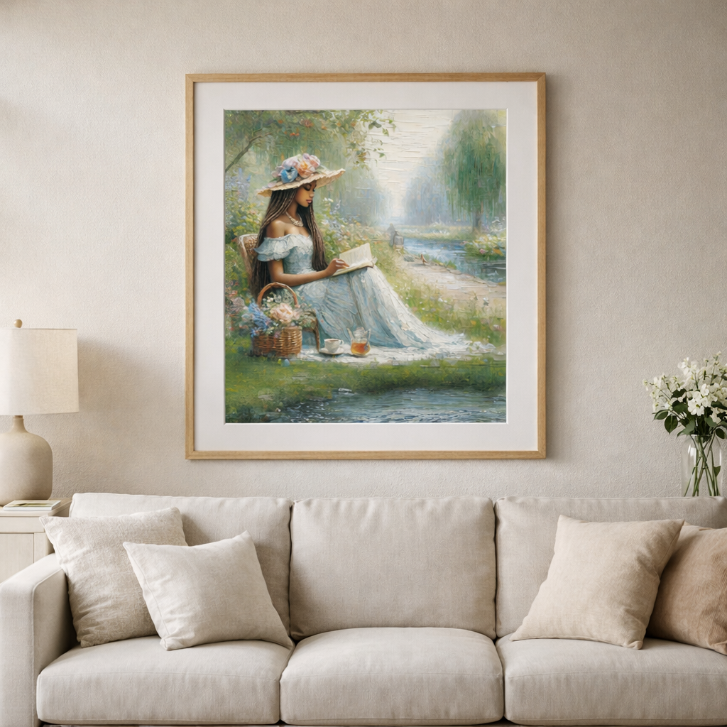 Framed painting of a woman reading by a stream on a wall above a sofa.