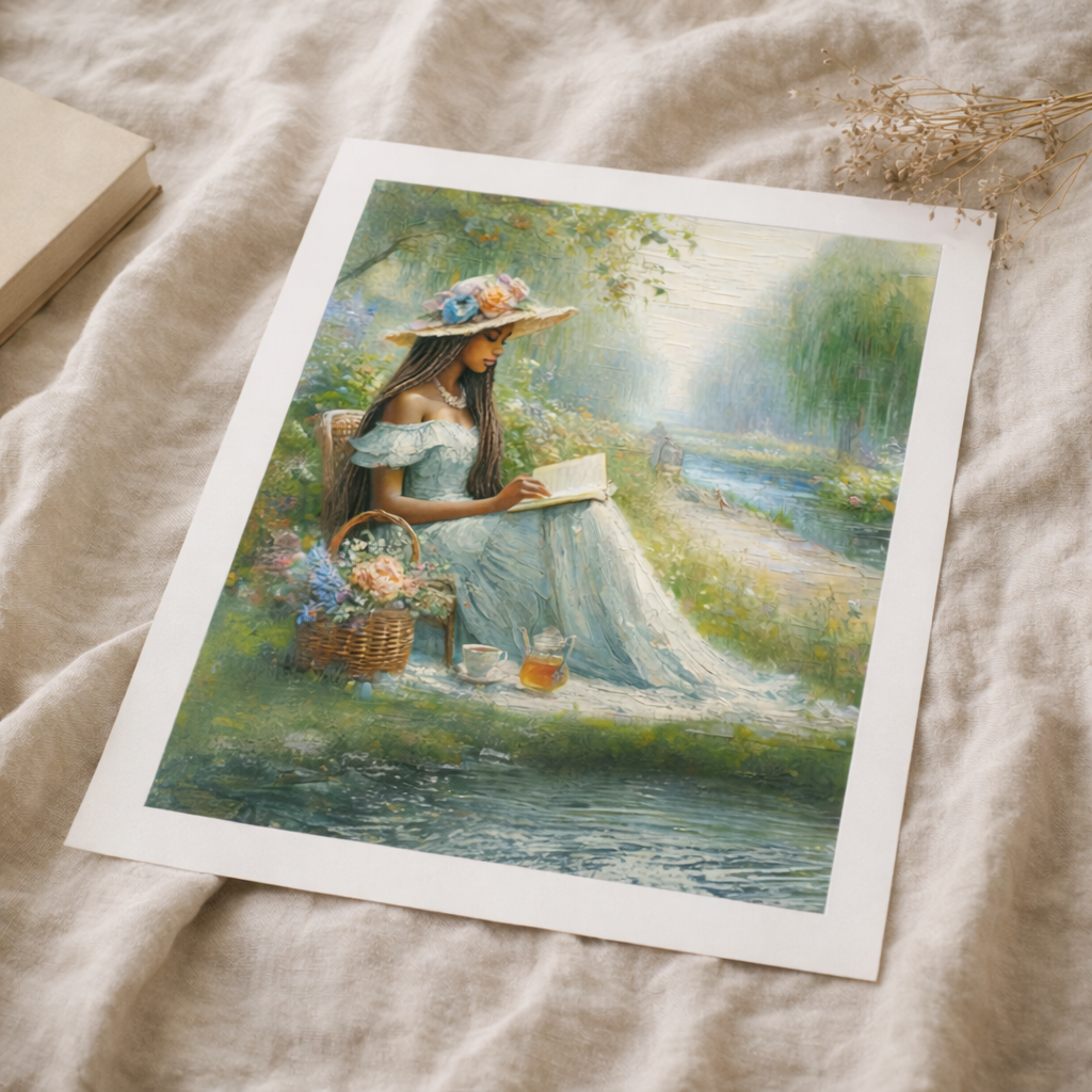 Printable vintage soft life wall art laid on neutral linen fabric, featuring a serene woman reading outdoors with soft painterly textures and muted pastel tones.