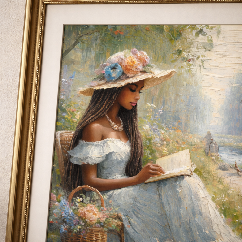 Close-up detail of vintage soft life printable wall art showing painterly brush texture, floral hat details, and soft romantic color palette.