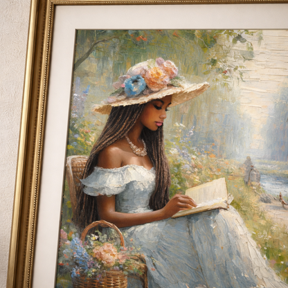 Close-up detail of vintage soft life printable wall art showing painterly brush texture, floral hat details, and soft romantic color palette.