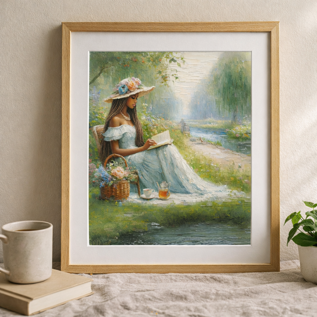 Framed printable artwork of a woman in a garden reading a book with a cup and flowers.