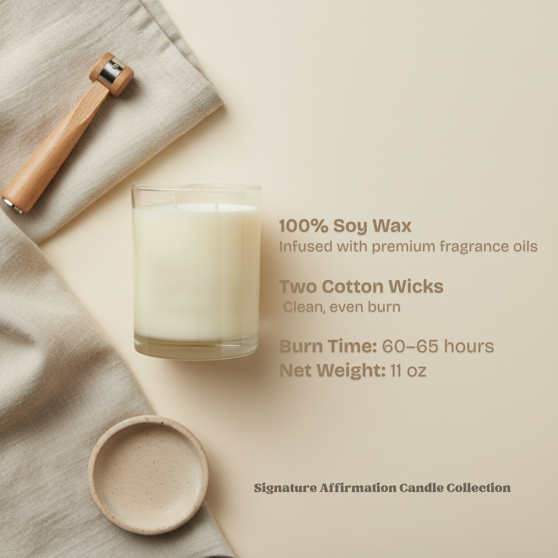 Soft Life Society Affirmation Candle with product details on a neutral background
