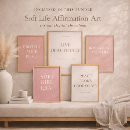 Set of framed prints with motivational phrases on a neutral wall.