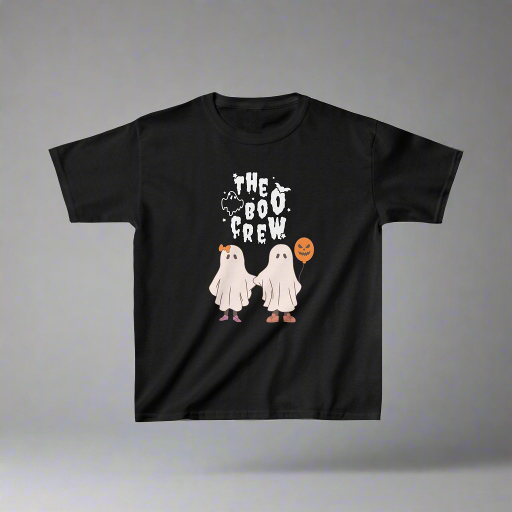 Front view of The Boo Crew Kids' Halloween T-Shirt, featuring an adorable ghost design and playful "The Boo Crew" text in bold, spooky font on a heavy cotton fabric.