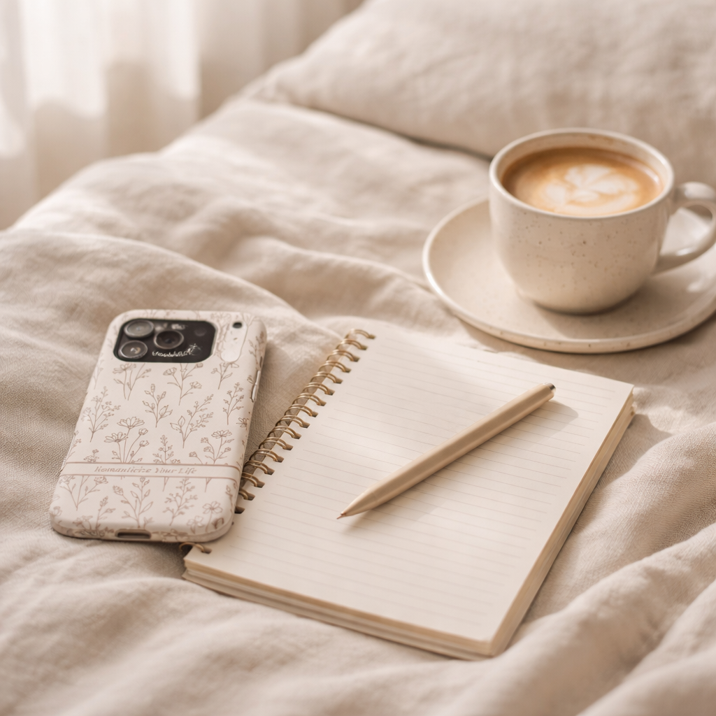 Phone with floral case, notebook, pen, and coffee cup on a soft surface