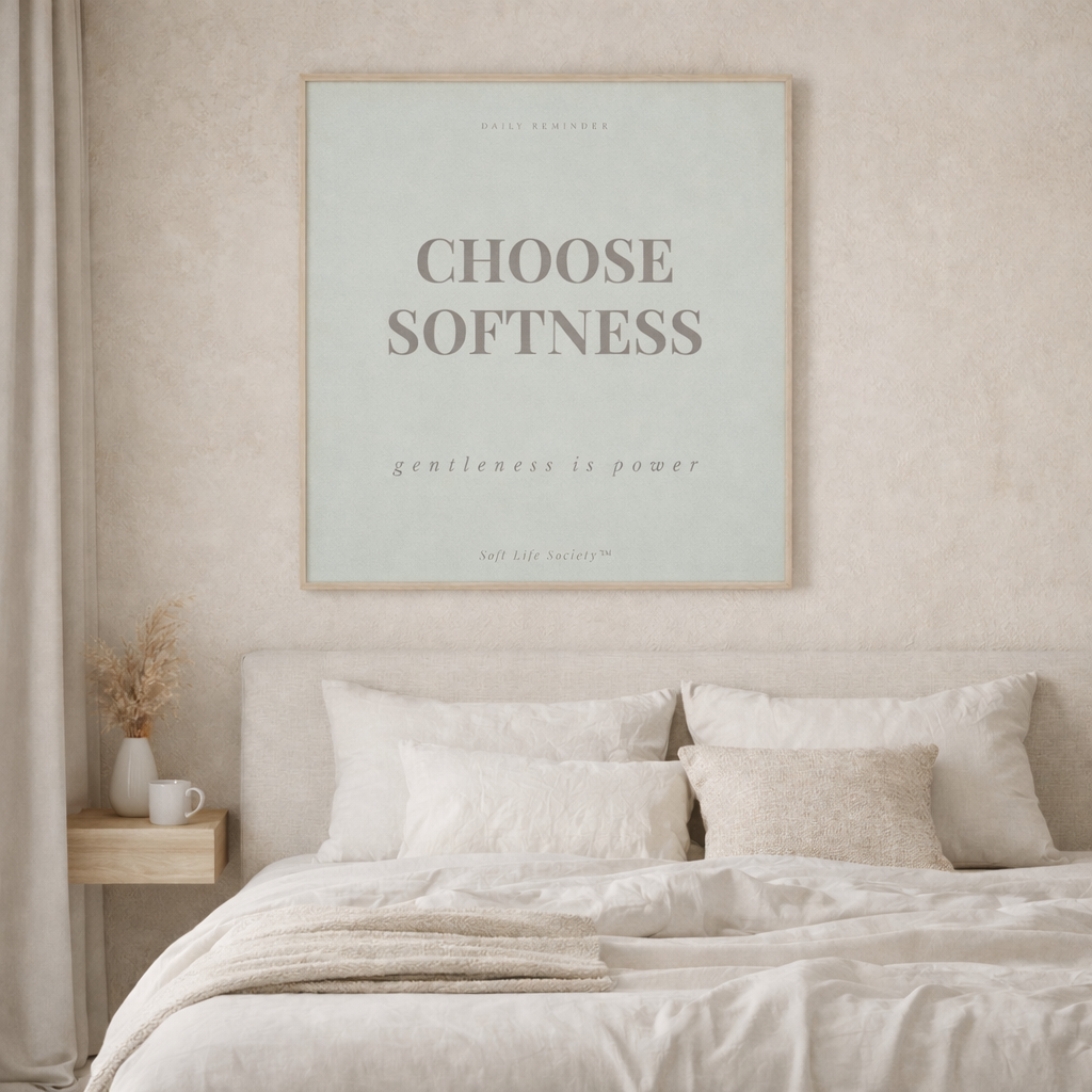 Framed artwork with 'Choose Softness' text above a bed in a bedroom setting