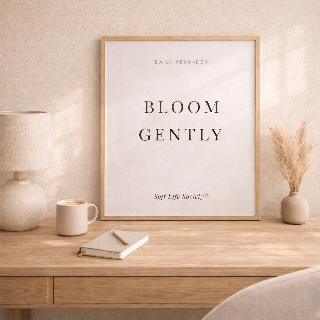 Framed print with 'Bloom Gently' on a wooden desk with a lamp and mug.
