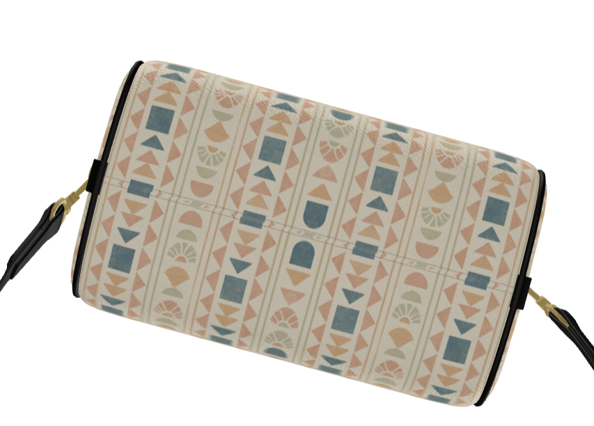 Bottom view of patterned leather mini duffle bag with geometric design on a white background