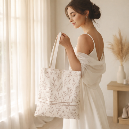 Neutral floral tote bag held by bride near soft window light, romantic aesthetic shoulder tote for travel and everyday use