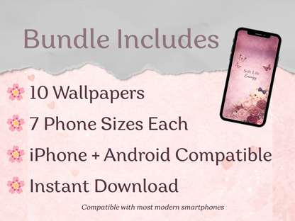 Promotional text about a wallpaper bundle with a phone displaying a floral wallpaper.