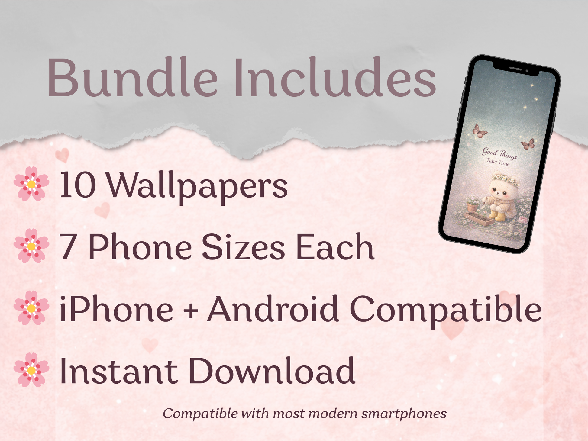 Promotional text about a wallpaper bundle with a phone displaying a wallpaper on a light gray background.
