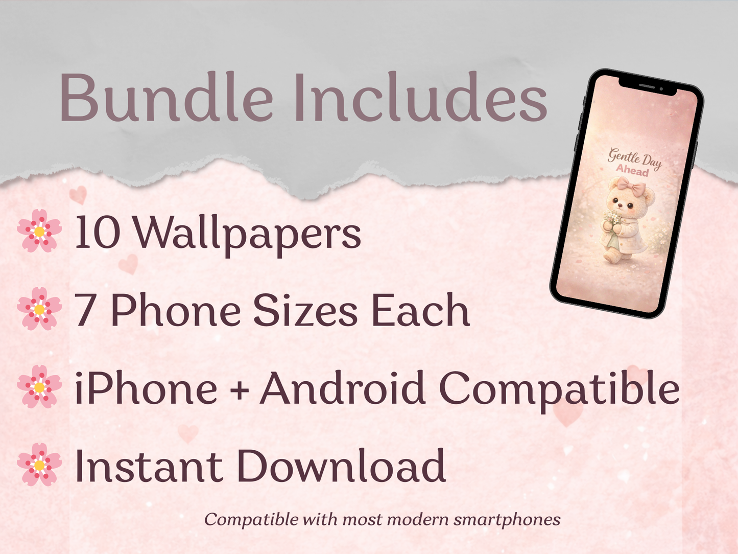 Promotional text about a wallpaper bundle with a phone displaying a teddy bear wallpaper.