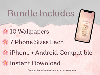 Promotional text about a wallpaper bundle with a phone displaying a teddy bear wallpaper.