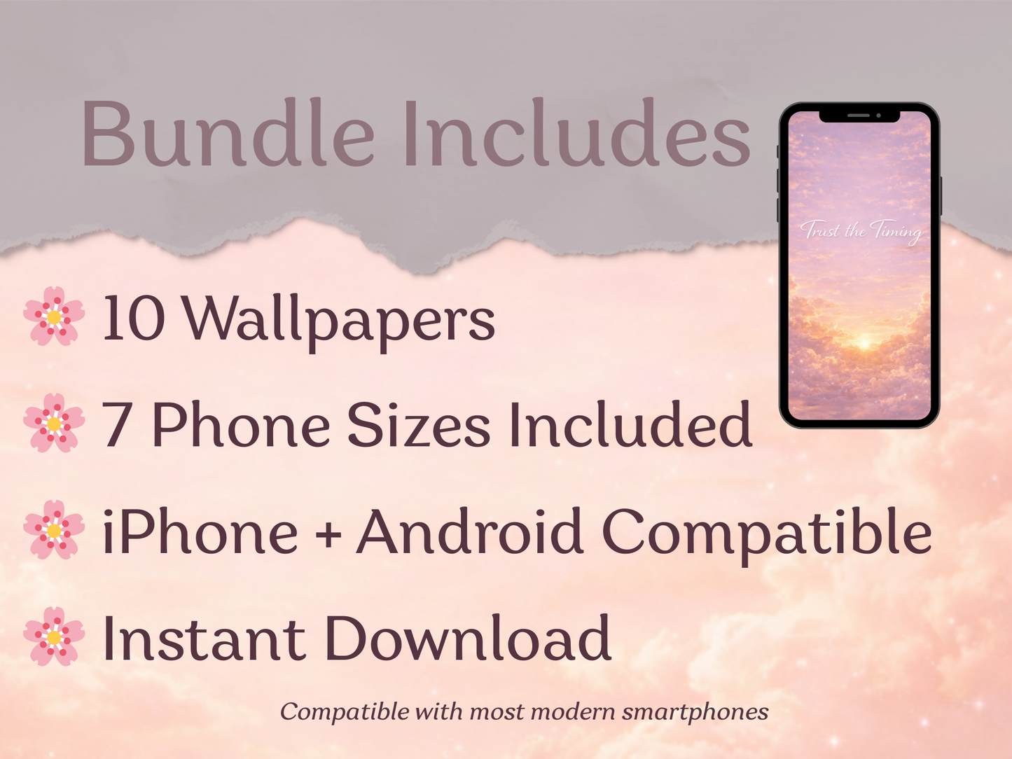 Promotional text about a wallpaper bundle with a phone displaying a wallpaper on a pink and gray background.
