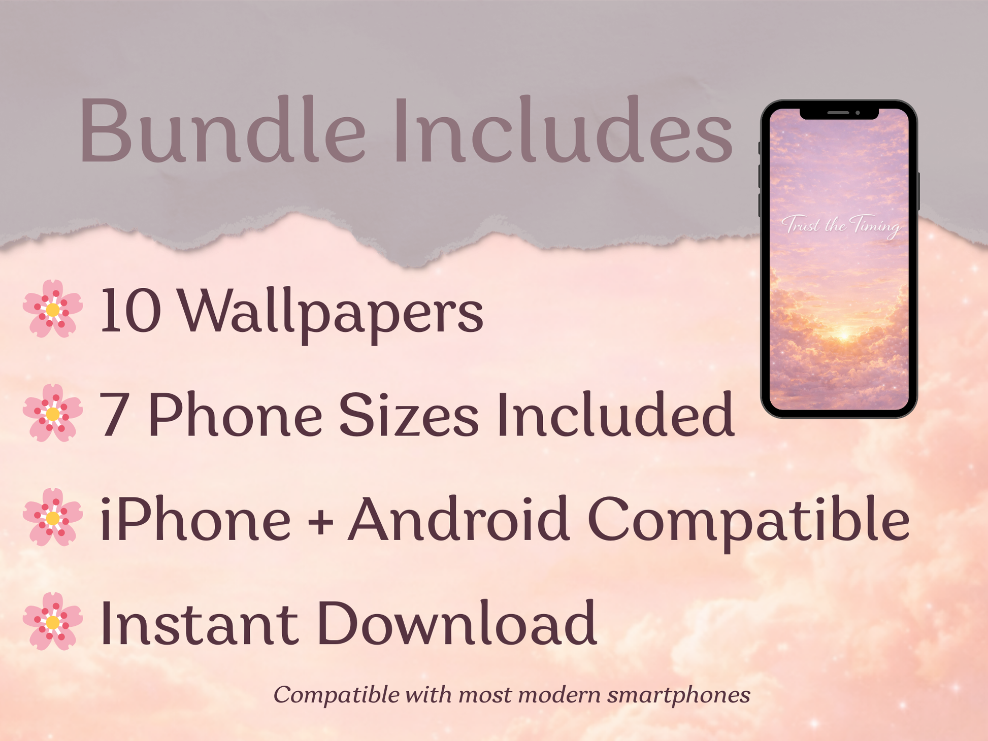 Promotional text about a wallpaper bundle with a phone displaying a wallpaper on a pink and gray background.
