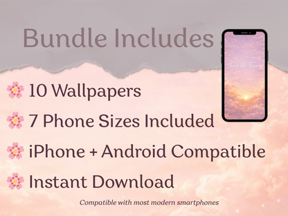 Promotional text about a wallpaper bundle with a phone displaying a wallpaper on a pink and gray background.