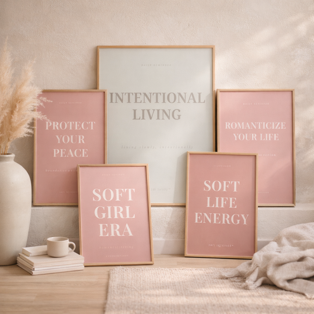 Decorative wall art with motivational phrases in a home setting