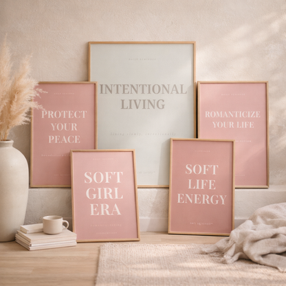 Decorative wall art with motivational phrases in a home setting