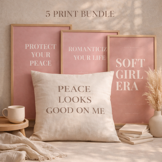 Decorative pillow with text and framed prints on a wall by Soft Life Society Daily Affirmation Printable Collection