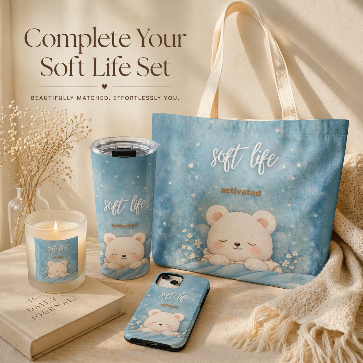 Soft Life matching set with candle, tumbler, tote, and phone case in coordinated blue design