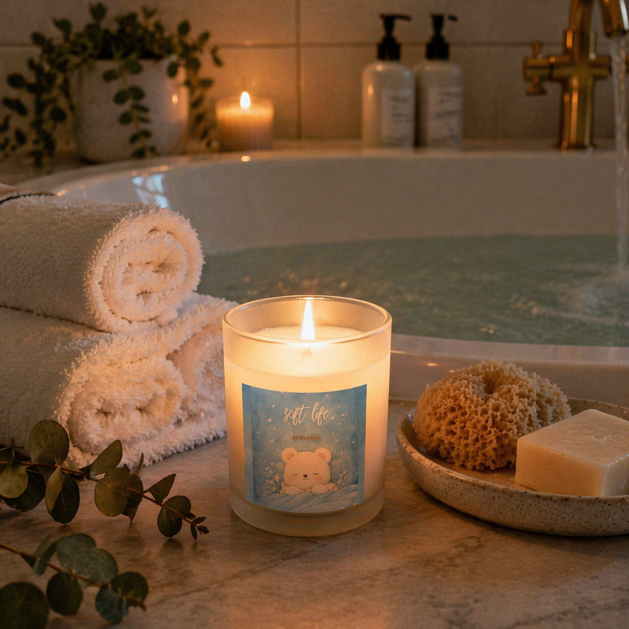 Soft Life candle in spa bath setting with towels and warm ambient lighting, relaxation mood
