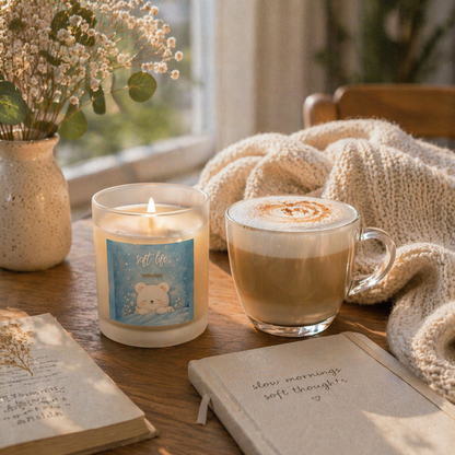 Soft Life candle beside latte and journal in cozy morning setting, warm natural light