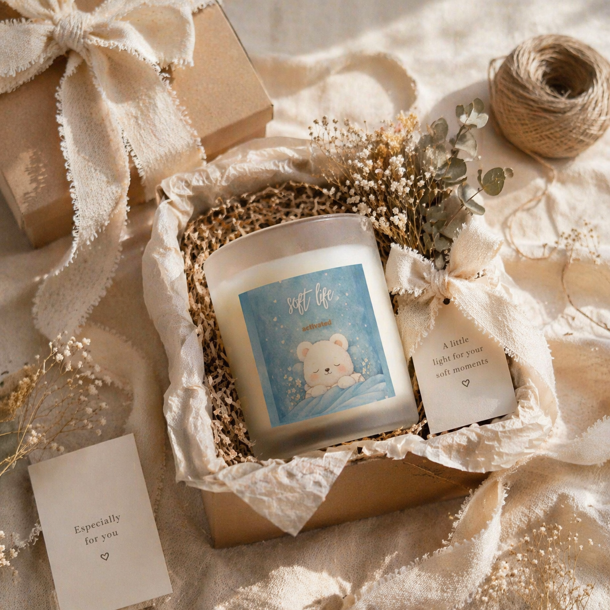 Gift box set with Soft Life candle, dried flowers, and neutral wrapping, self care gift idea