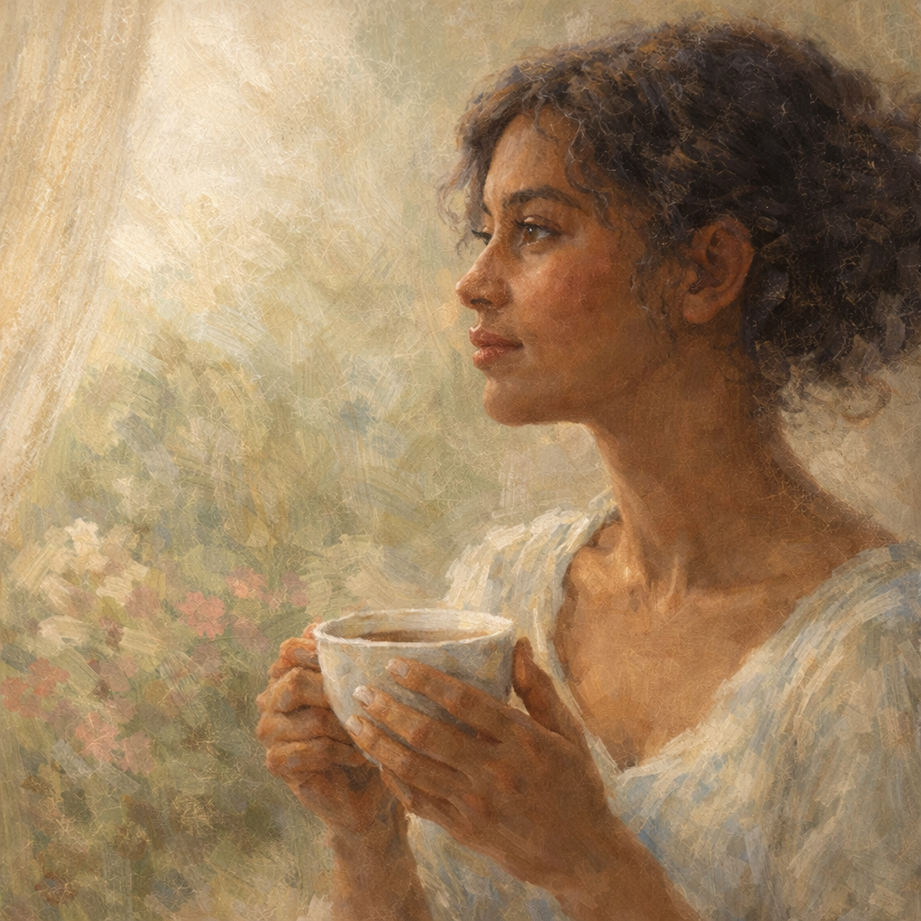 Close-up detail of The Gentle Hours: Before the Day art print showing a woman holding a warm drink near a window, with visible painterly texture and soft, muted colors.