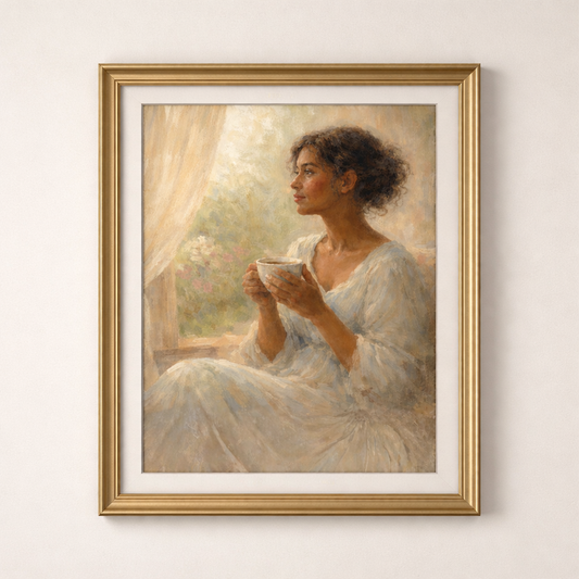 Framed portrait art print The Gentle Hours: Before the Day displayed alone on a neutral wall in a gold frame, highlighting soft brushstrokes and warm pastel tones.